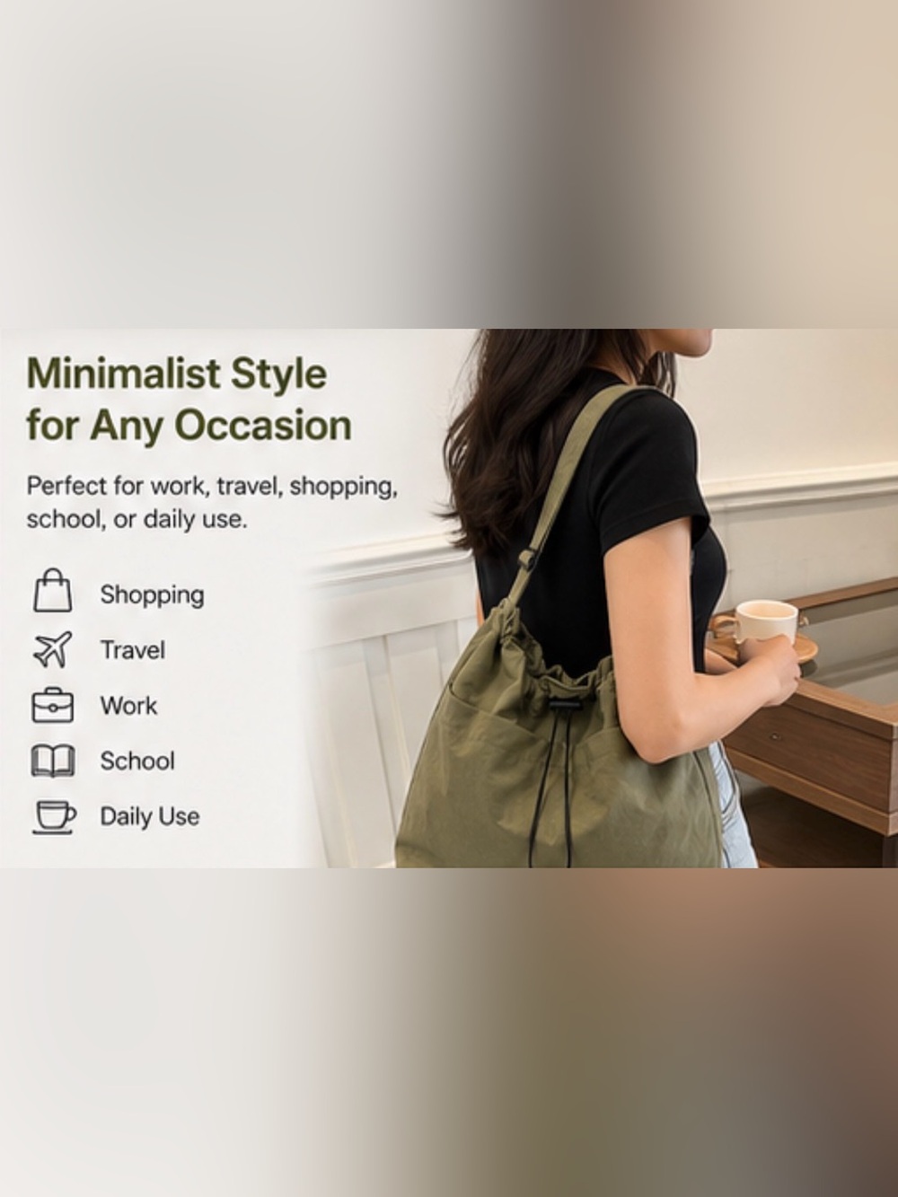 Nylon Olive Green Drawstring Shoulder Bag - Picture 4 of 6